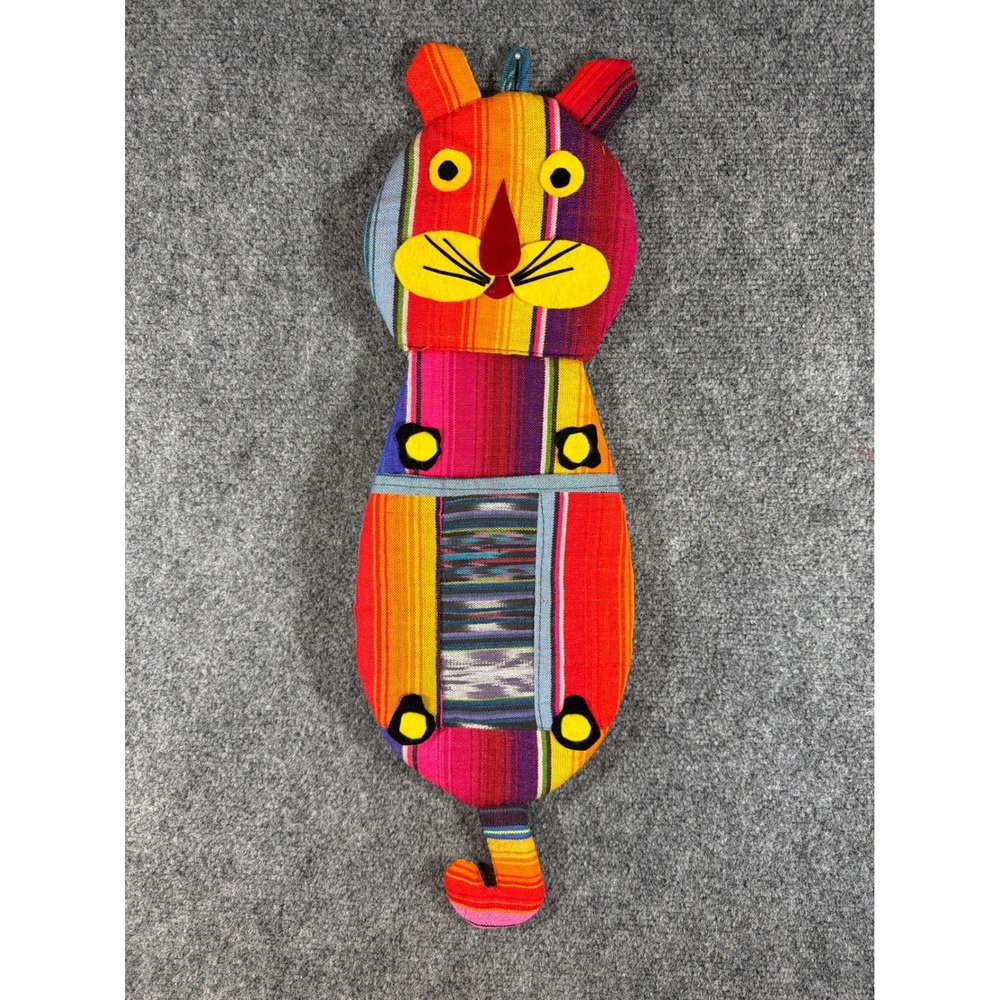 Vintage Mexican Serape Cat Wall Hanging Pocket Organizer Folk Art Multi-Color